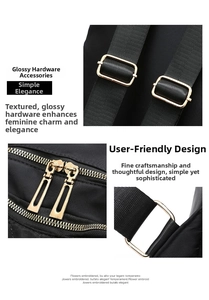 Detail of premium golden metal adjustment buckles and zippers on black oxford backpack