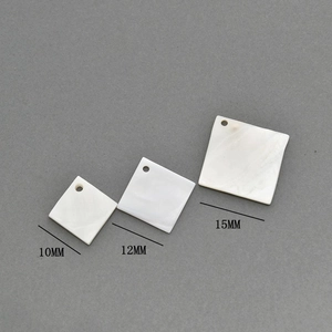 Detailed comparison of natural white shell square charms in sizes 10mm, 12mm, and 15mm