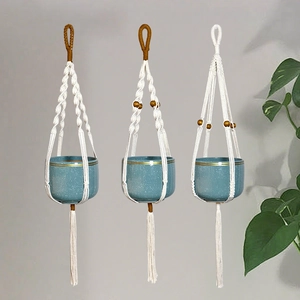 Macrame Plant Hanger With Ceramic Flower Pot Hand Woven Cotton Rope Boho Hanging Planter With Wood Beads And Tassel Decor