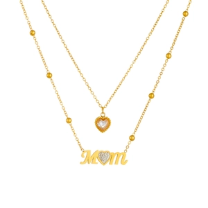 Double-layered gold stainless steel necklace with crystal heart and MOM letter pendant