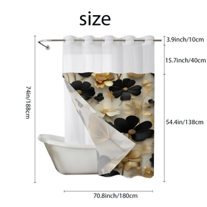 Waterproof shower curtain size chart with floral pattern in black and gold