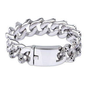 Gothic punk style silver double skull stainless steel Cuban chain bracelet for men