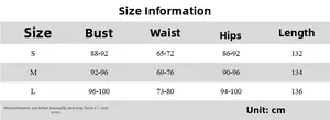Detailed size chart for the V-neck backless slim fit dress with split hem and measurements