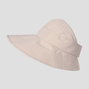 Minimalist wide brim sun hat for women with parallel stitching in beige finish