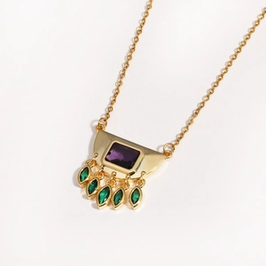 Vintage hip-hop gold necklace with rectangle purple gemstone and green teardrop pendants