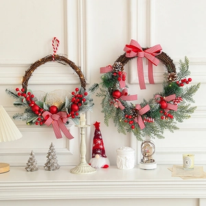 Christmas Wreath With LED Lights Rattan Pine Cones Red Berries And Striped Bow Festive Holiday Door Decoration