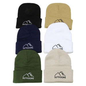 Winter knit beanies set of six with outdoor mountain embroidery in assorted colors
