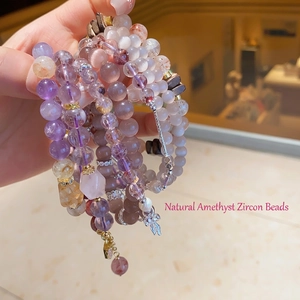 Natural Amethyst Zircon Yellow Crystal Beaded Bracelet Retro Elegant Handmade Cat Eye Stone Artificial Pearl Jewelry For Women