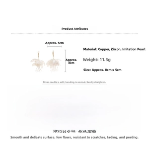 Detailed view of floral pearl tassel earrings with copper, zircon and size specifications