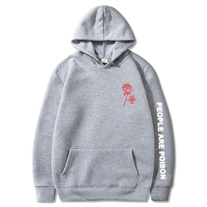 Gray hoodie with rose print and People Are Poison text on sleeve for couples