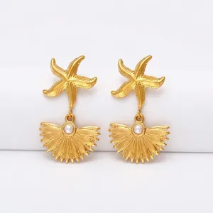 Starfish Shell Drop Earrings Stainless Steel With Artificial Pearl Ocean Theme Gold Summer Beach Jewelry For Women