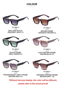 Detailed view of square frame sunglasses with metal trim in six trendy assorted colors