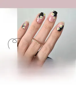 Détail de faux ongles courts ronds avec motifs marguerites en noir et rose nude discret