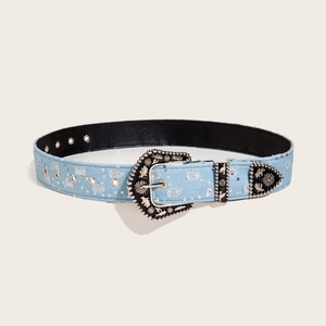 Western style light blue denim belt with vintage silver buckle and rhinestone studs