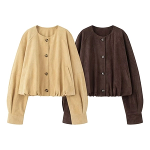 Detail of single-breasted leather jackets in khaki and brown with soft suede texture