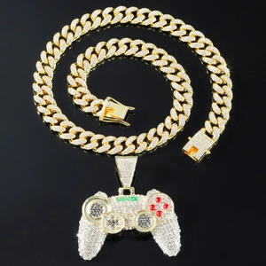 Golden iced out game controller pendant necklace with cuban link chain for hip hop style