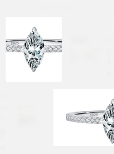 Macro shot of marquise cut D color VVS1 moissanite diamond with S925 silver hallmarks