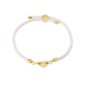Detailed view of white braided bracelet featuring a gold star charm and adjustable slide