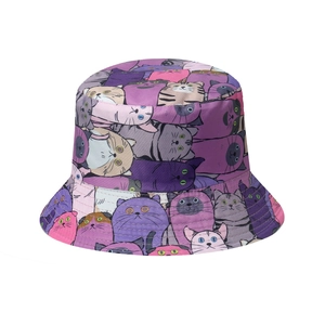Summer bucket hat featuring colorful all-over cartoon cat print on a purple fabric