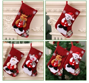 Collage of festive Christmas stockings with cartoon reindeer and Santa claus appliques