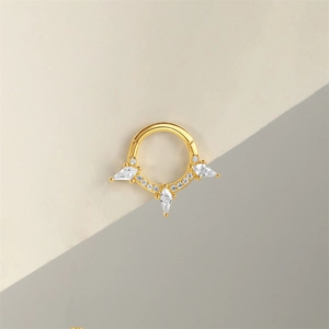 Detailed macro view of gold-plated S925 silver hoop earring with marquise opal and zircon