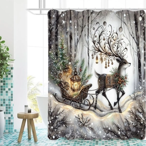 Christmas shower curtain featuring a festive reindeer sleigh illustration in a cozy bathroom