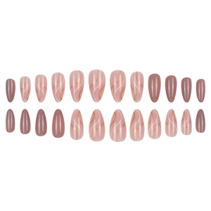 Almond press-on nails set with nude pink base and elegant gold and white swirl patterns