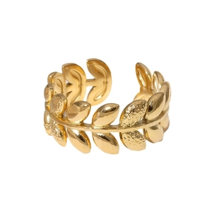 18K gold plated adjustable stainless steel leaf ring with textured wheat pattern finish