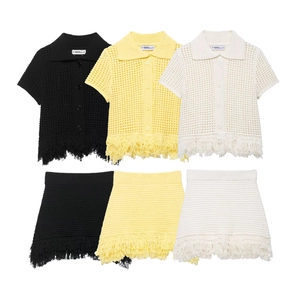 Cardigan Et Jupe En Tricot Pour Femme Avec Crochet Franges Col Polo Manches Courtes Streetwear Chic