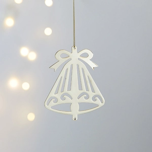 White Christmas bell ornament with ribbon and golden string for festive tree decoration