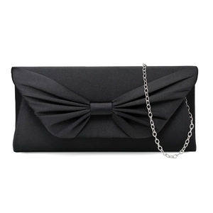 Elegant black satin evening clutch with bow fold detail and silver chain strap