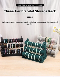 Three-tier jewelry stand detail featuring black leather and velvet bracelet holders