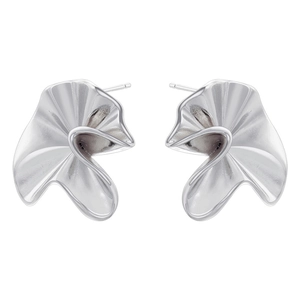 Detail of silver irregular wavy stud earrings with a refined matte metal texture finish