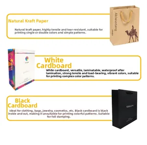 Detailed comparison of brown kraft, white card, and black card paper gift bags with handles