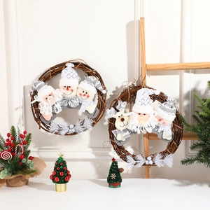 Christmas Wreath Rattan Hanging Decoration With Santa Snowman Reindeer Plush Dolls And Glitter Pine Holiday Home Decor