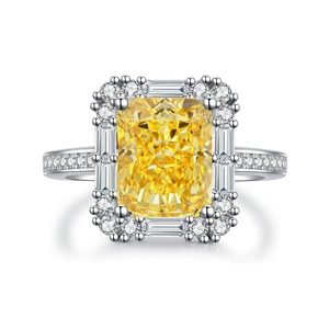 Radiant yellow cushion cut zircon ring in sterling silver with pave halo setting