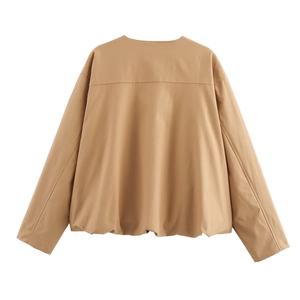 Back view of a khaki outdoor flight jacket featuring a ribbed elastic hem and fine texture