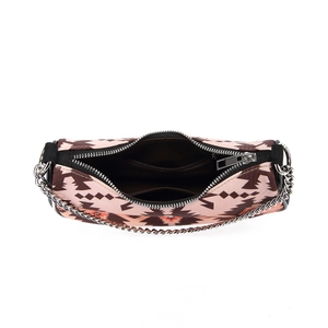 Top view showing interior pocket and pink Aztec geometric pattern on the shoulder bag