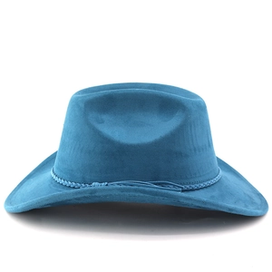 Detail of teal suede cowboy hat featuring woven decorative band and wide brim texture