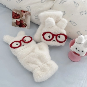 Cartoon Kaninchen Klapphandschuhe Winter Warm Plüsch Verdickt Fingerlose Handschuhe Mit Roter Brille Stickerei Polyester