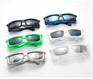 Flat lay macro view of Y2K rectangle sunglasses in six vibrant sporty colors