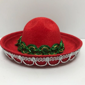 Mini red felt Mexican sombrero headband with green embroidery and silver sequin trim