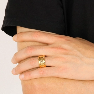 Vintage 18k vergoldeter Edelstahlring für Herren mit geometrischem Relief und Textur
