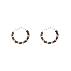 Bohemian geometric hoop earrings with vintage dark wood beads and gold steel needles
