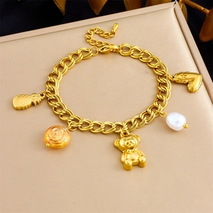Bracelet À Breloques En Acier Inoxydable Plaque Or Faux Künstliche Perle Ours Ananas Cœur Multi Pendentif Double Chaîne Bijoux
