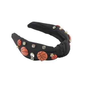 Serre-tête baroque en tissu noir avec motifs de basket-ball et strass étincelants