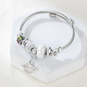 Silver steel cable bracelet with planet pendant and Be my Valentine heart charm