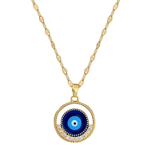 Elegant gold titanium steel necklace with blue evil eye pendant and zircon stones