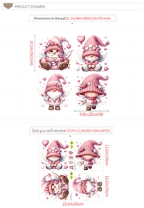 Pink gnome wall stickers detail showing 2-piece sheet dimensions and 54x55cm display size