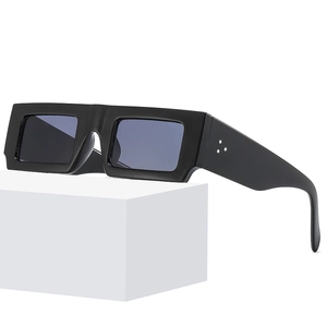 Classic square sunglasses with thick black frames and signature rivet detail on temples